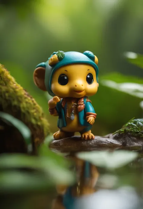 Cute miniature toys, blindbox, pop mart design,
full bodyesbian, Front view, Rainforest with lake background,
Low purity tone, luminance, 8K, illusory engine, Ultra detailed,
photograph realistic, depth of field f2.8, macro photography, Studio lighting