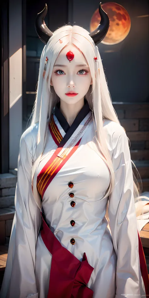 face lighting,bright backlight,super high resolution,best quality,Photos,4k,(Realistic:1.2),huiye,1girl,(the third eye:1.3),horns,(pale skin:1.4),(white hair:1.2),long hair,night,(red moon:1.2),white kimono,sit,