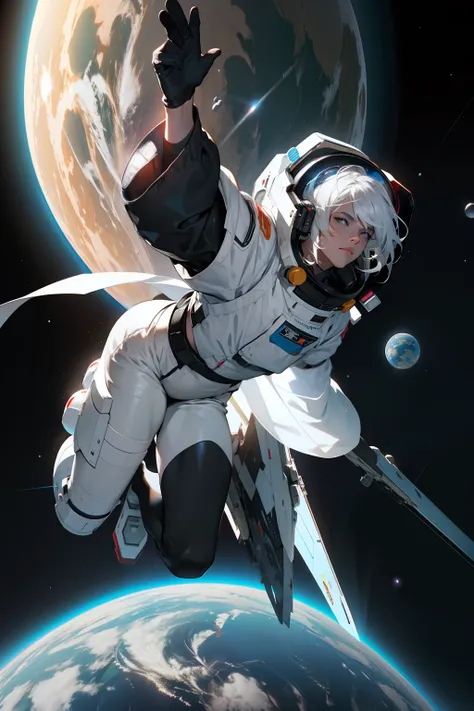 A white-haired beauty in a black spacesuit is floating in outer space　Multiple planets floating　Gray hair shortcut　Multiple spaceships floating　The Earth is reflected