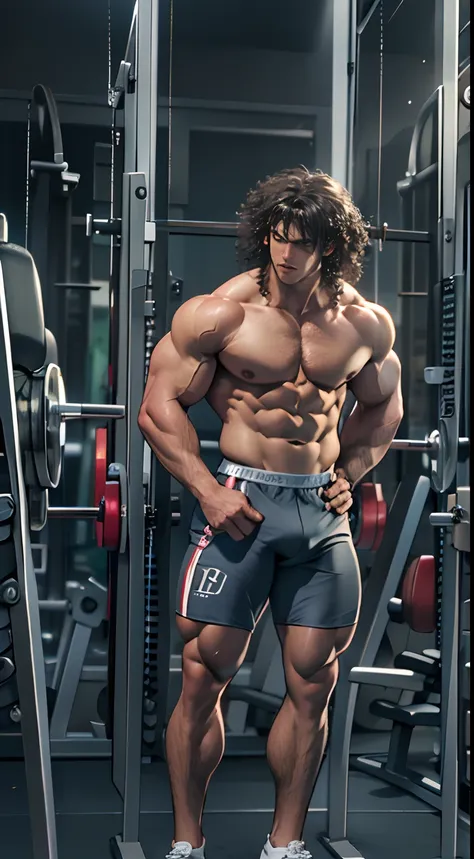 Muscle athletes, Bare chest, The lower body is bare from thighs to feet, Long, flowing curly hair, Meticulous muscle definition, Lifelike depiction, 4K quality. Background: Modern gym with fitness equipment and mirrors,32k ULTRAHD, Best quality, Masterpiec...