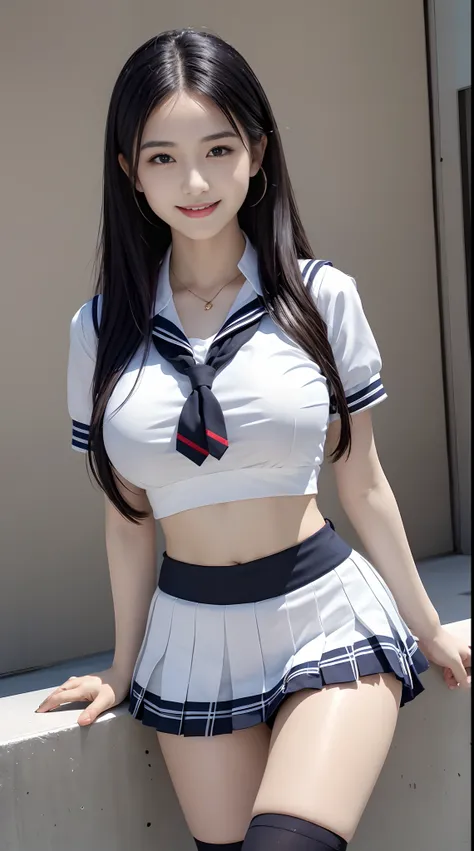 (Top Quality, 4k, Masterpiece: 1.3), Beauty, Ultra Realistic, 1 Girl, (Huge breasts, Attractive Body: 1.5), Schoolgirl, Uniform, Navel, Mini Sailor, Black Hair, Smile, Mini Skirt,