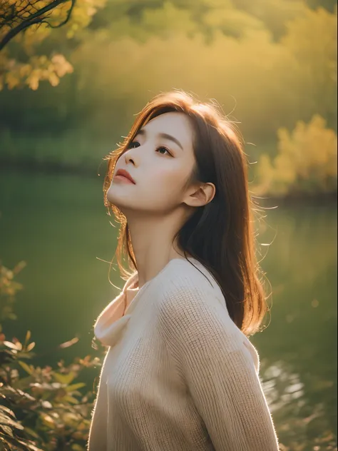 Photo of a Beautiful Korean kpop idol Woman, Autumn evening, Professional iPhone photo art photo，Riverside wilderness，Wildflower background，Affectionate expression，Side Body，A gentle breeze blows，Look into the distance