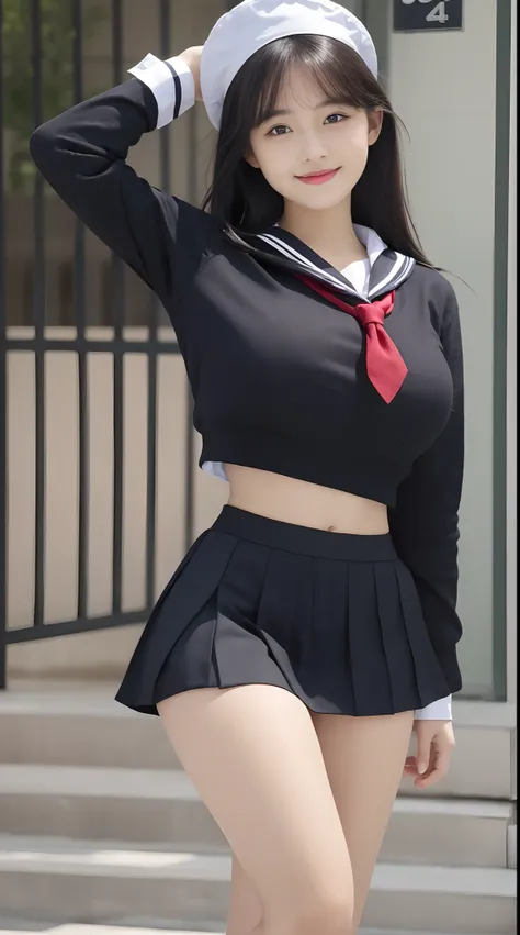 (Top Quality, 4k, Masterpiece: 1.3), Beauty, Ultra Realistic, 1 Girl, (Huge breasts, Attractive Body: 1.5), Schoolgirl, Uniform, Navel, Mini Sailor, Black Hair, Smile, Mini Skirt,