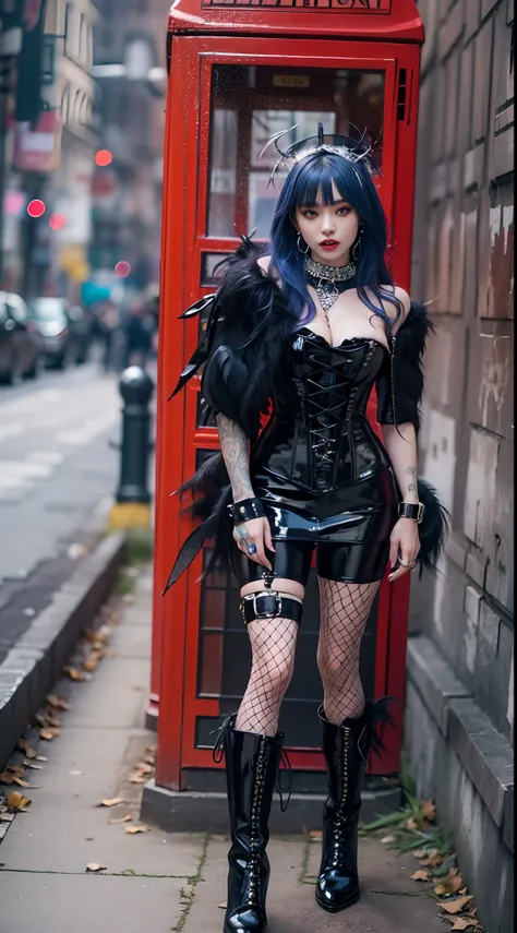 Goth Gals，She emerged from the traditional red phone booth wearing a studded PVC corset，There are feathers on the shoulders, kneehigh boots，(fish net leggings).