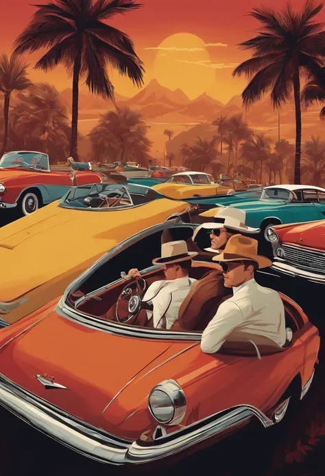 "Illustrate a thrilling scene of animal mafia members making their getaway in vintage cars after a successful heist, wearing matching mafia-style outfits and hats."