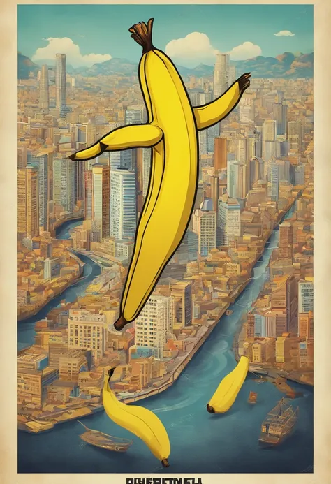 Illustrate a comical scene with a character balancing a top a giant banana peel on a tightrope high above a surreal banana cityscape, closeup, movie poster, surreal,