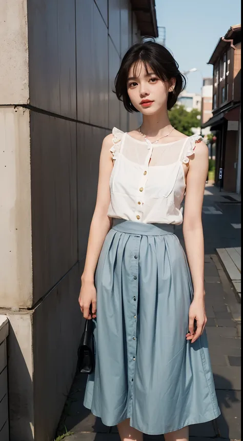 gentle and cute，short detailed hair，long  skirt，（The girl holds a camera in her hand），exteriors