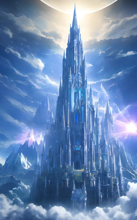 Illustration of a surreal, otherworldly, super sky scene, including a crystal castle, tower reaching to the sky, textured high detail, 8k, best quality, lens flare