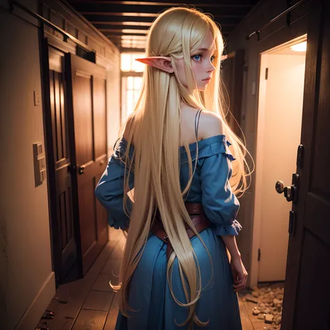 blonde elf girl with long hair and blue eyes, who is raped by man in behind in the basement.