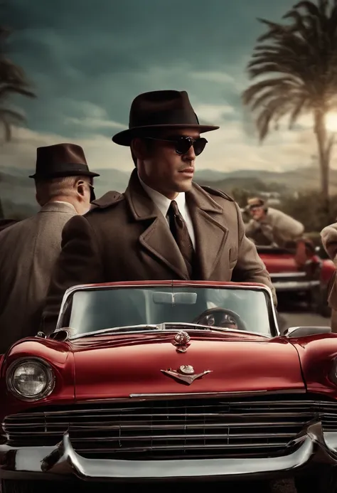 "Illustrate a thrilling scene of animal as a mafia members making their getaway in vintage cars after a successful heist, wearing matching mafia-style outfits and hats."