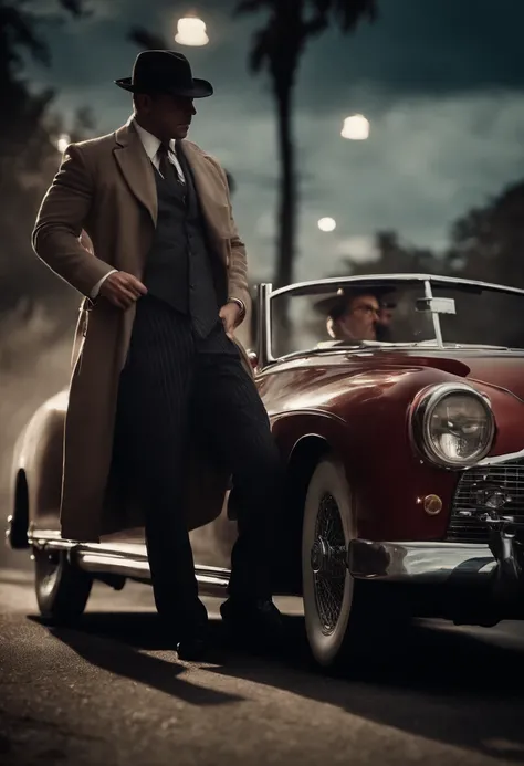 "Illustrate a thrilling scene of animal as a mafia members making their getaway in vintage cars after a successful heist, wearing matching mafia-style outfits and hats."