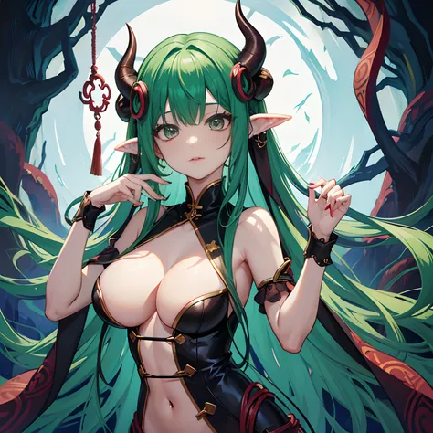 Naughty man surrounded by tentacles。Her hair color is green and she has a clear body.。Devils horns grow。