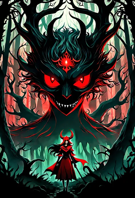 red color eyes，Dark forest，game poster，femele，The demons，Ghastly