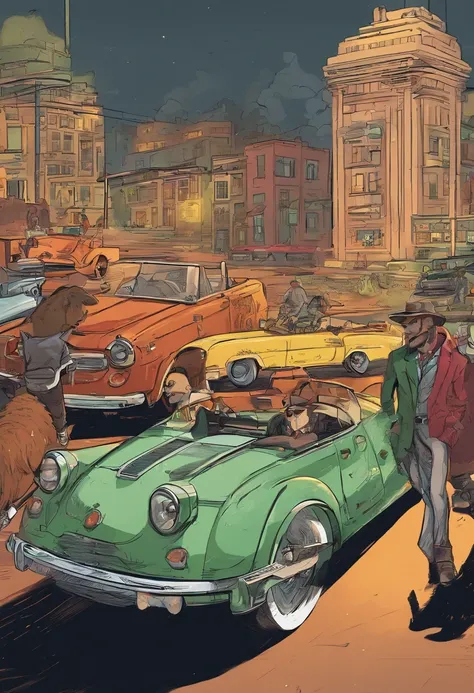 "Illustrate a thrilling scene of animal as a mafia members making their getaway in vintage cars after a successful heist, wearing matching mafia-style outfits and hats."