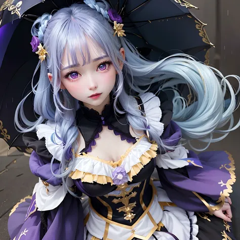 GENSIN IMPACT_Sweet rain、1girl solo、pale blue hair_The tips of the hair are dark、purple multicolored eyes、Under the white and purple bodice、With gold accents、Wearing a black bodice、animesque、masutepiece、top-quality