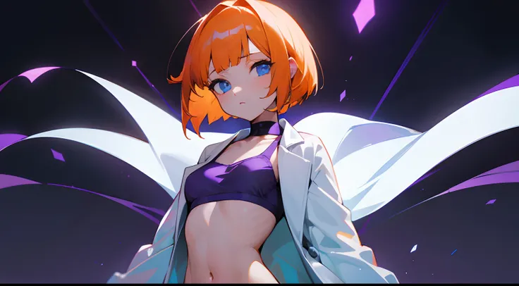 Wearing a doctors lab coat、Girl with pale orange hair、petite body、Undersized breasts、Blue eyes、Suspicious Lab、natta、bob cuts、purple color lighting、Purple sports bra and panties、