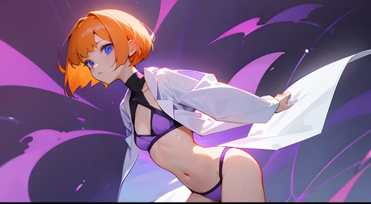 Wearing a doctors lab coat、Girl with pale orange hair、petite body、Undersized breasts、Blue eyes、Suspicious Lab、natta、bob cuts、purple color lighting、Purple sports bra and panties、