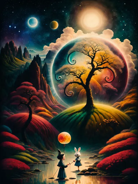 Autumn landscape painting, alta resolucion, hiperrealista, Arte digital surrealista, dreamlike surrealism, Hermosa obra de arte digital, Surrealist and fantastic art, Las estrellas son peces en las profundidades, Estilo Alexander Jansson, Copa Kerem, por A...