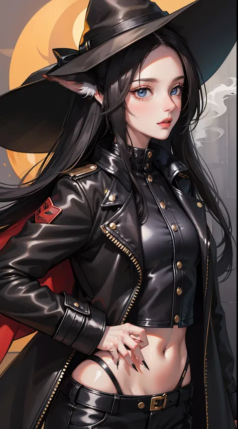 young girl, Long black hair, Fox ears, blue eyes, leather coat, hat, pants, claws, Smoke, Masterpiece, hiquality, 4k, HD, Good detail