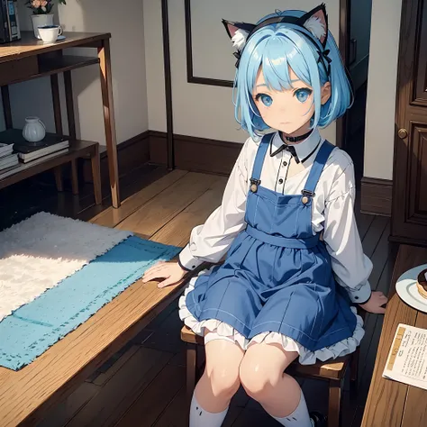 A small and cute boy with cat ears。Her hair color is light blue and she wears a collar.。I often play with maid girls。