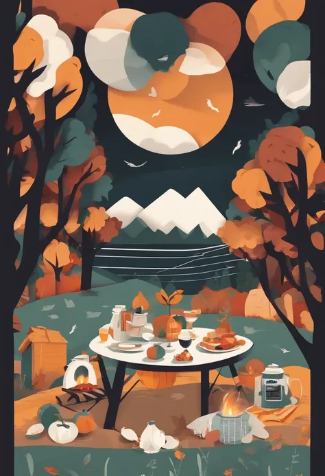 Autumn picnic with campfire