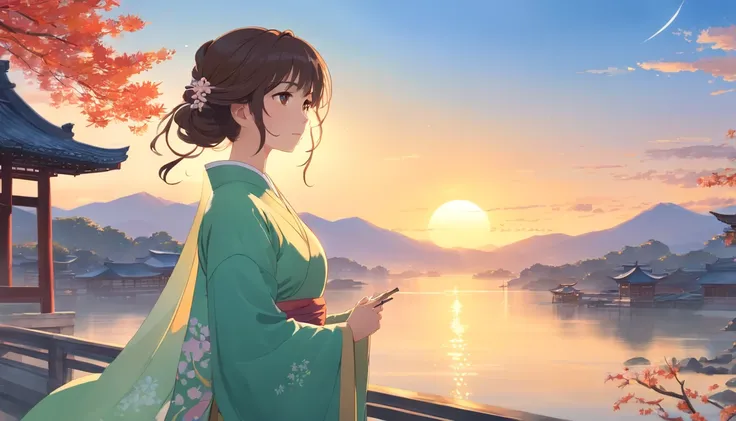 Beautiful Hanfu woman, Hanfu, Background landscape with rising sun, ::n_Style drawing, Low-quality defects