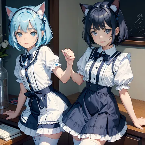 A small and cute boy with cat ears。Her hair color is light blue and she wears a collar.。I often play with maid girls。