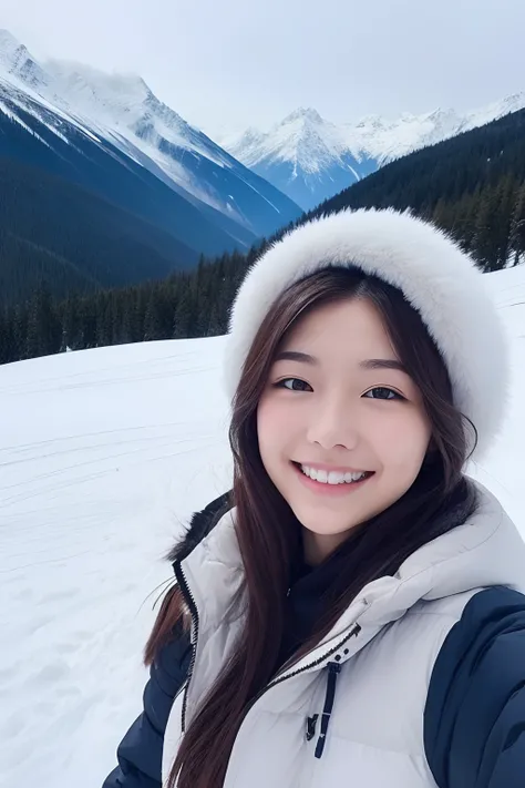 18-year-old girl, A husky, ssmile, ,snowfield. snow mountains.