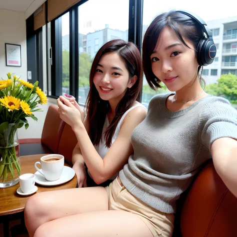 Korean, woman, cafe, pose, picture, Instagram, social media, smartphone, camera, selfie, smile, happy, cute, stylish, trendy, fashionable, makeup, lipstick, eyeshadow, nails, accessories, purse, coffee, latte, cappuccino, tea, cake, pastry, dessert, food, ...