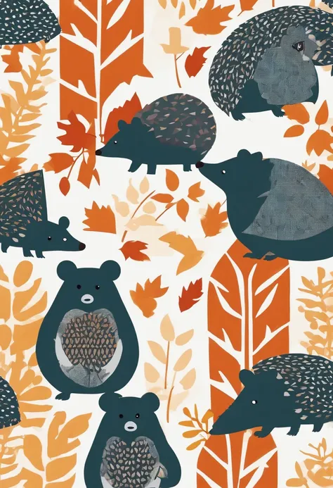 Hedgehogs in autumn forest going to school