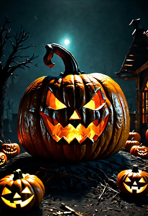 Huge Halloween pumpkin，Cinematic texture，terroral，tmasterpiece，8k