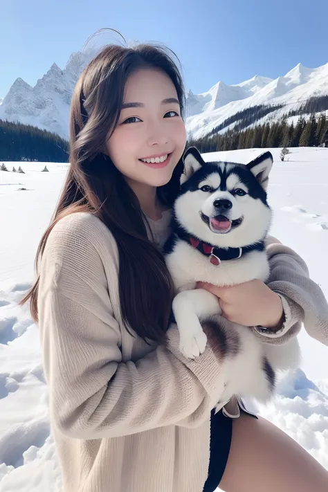 18-year-old girl,Hold a husky, ssmile, ,snowfield. snow mountains.