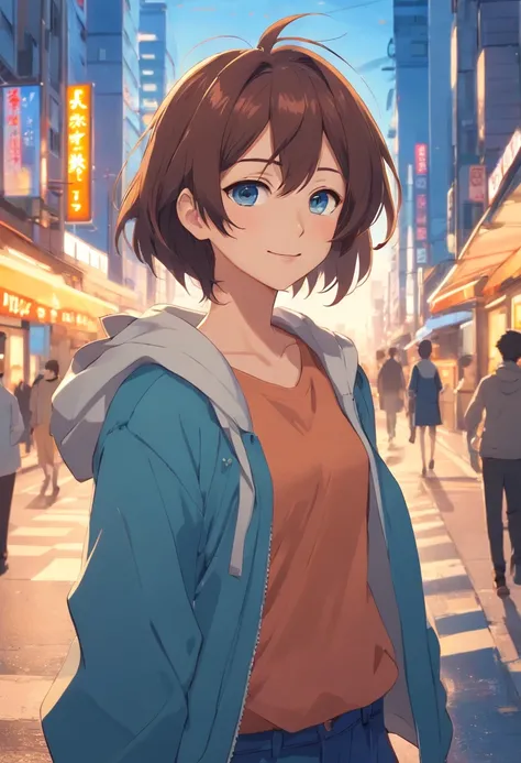 Standing on the streets of a bustling city、Backlight background to highlight subject、High contrast colors、4K high-definition quality、年轻、a smile、daili、Boy transformed into anime style with exaggerated unique facial features and clothes、blue eyess、Im drinkin...