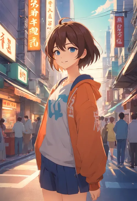 Standing on the streets of a bustling city、Backlight background to highlight subject、High contrast colors、4K high-definition quality、年轻、a smile、daili、Boy transformed into anime style with exaggerated unique facial features and clothes、blue eyess、Im drinkin...