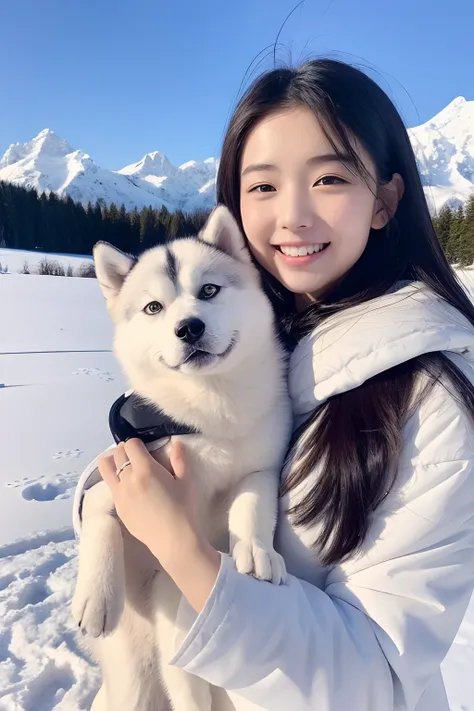 18-year-old girl,Hold a husky, ssmile, ,snowfield. snow mountains.