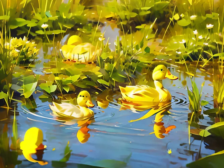 painting of (cute yellow ducks) for kids, grass field and reflective pond, blue sky with sun