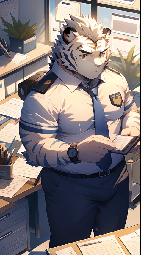 tmasterpiece, high-definition photograph, Perfect anatomy, Anthropomorphic white tiger, male people, 20yr old, Deities, Light blue stripes, Strong body, large pecs, Pink milk clusters, medium bulge, He sat behind his desk, Wear white tight suit pants, Shir...