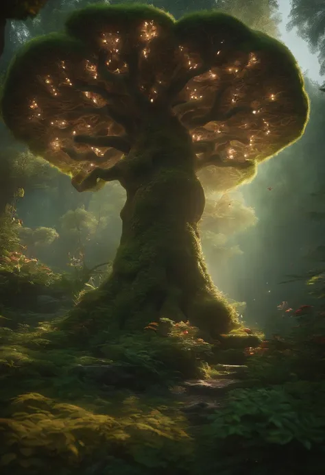 masterpiece, best quality, high quality,extremely detailed CG unity 8k wallpaper, An enchanting and dreamy scene of a fantasy forest, with towering trees, glowing mushrooms, and hidden fairy glens, creating a sense of mystique and enchantment, artstation, ...