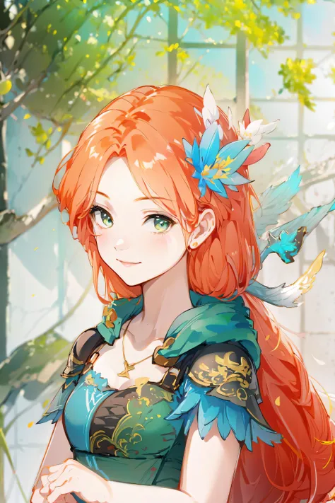 masterpiece, best quality, PIXIV, arcana,Windranger anime style, 1girl, hair ornament, solo, long hair, smile, flower, looking at viewer, necklace, blush, jewelry, breasts, upper body, leaf, outdoors, facial mark, blurry background, blurry