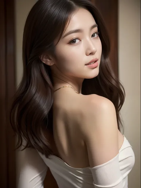 top-quality、超A high resolution、ultra-realistic realism、reallistic、RAW photography、8K images、Young sexy Japanese woman、Wearing an off-the-shoulder black skinny dress、strap slip。Brown long hair、The young handsome man caresses the woman and kisses the nape of...