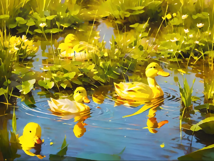 painting of (cute yellow ducks) for kids, grass field and reflective pond, blue sky with sun