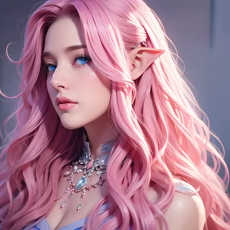 Woman, long curly hair, pink hair, blue eyes, elf, queen