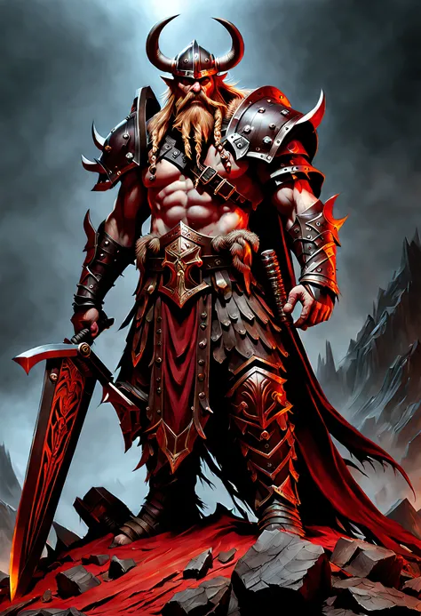 the world of warcraft image of a large viking character with swords, in the style of dark bronze and red, crumpled, deconstructive, skeletal, eerily realistic, dusty piles, gothcore, Dark Fantasy by Antonio J. Manzanedo, full length body shot, finely detai...