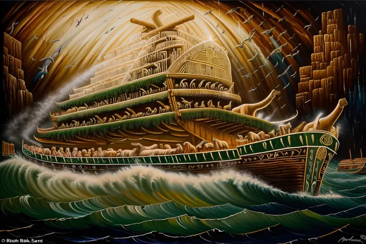 (((stunning oil painting of beautifully portrays the Old Testaments Noahs ark in all its glory:1.3))), intricate details and a multitude of animals aboard Noahs ark, capturing both beauty and fear in the crashing waves of the sea, as if depicting the wrath...