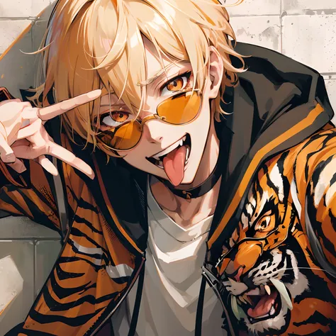 Japanese anime, beautiful young man, blond hair, orange eyes, tiger print jacket, tongue out, peace sign, orange sunglasses, Evil Smile, concrete wall in background, diagonal upward angle,