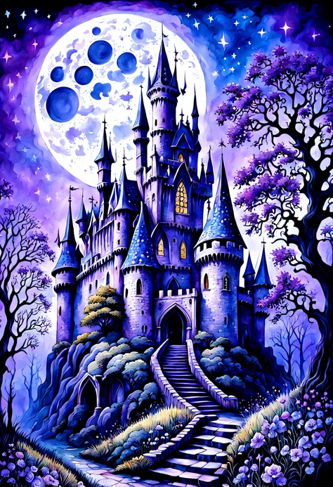 Soft watercolors High gothic soft violet purple blue haunted abandoned medieval castle large oak tree scary creepy sinister flowers enchanted magical twinkling stars glistening stars glittery stars full large moon intricate motifs perfect composition maste...