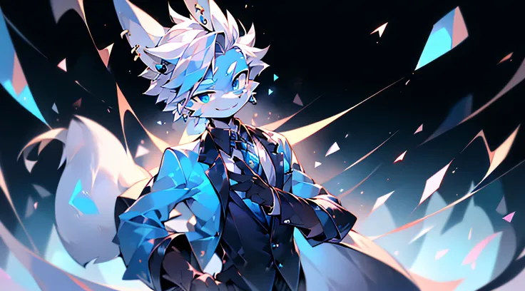 (highres),rabbit,grey fur,animal ears,elongated ears,male,sapphire blue eyes,The hair on the chest and abdomen is white,The hair around the mouth is white,solo person,charming smile,villainous character,right ear earring,silver earring,bad guy,suit shirt,y...