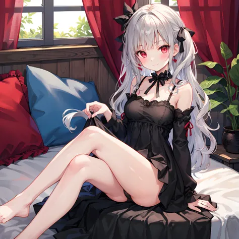 Wavy gray hair、red eyes、bow ribbon、Beautiful girl alone、red blush、Black dress、Raw feet、Sitting in bed、Western-style interior、A smile、panties on