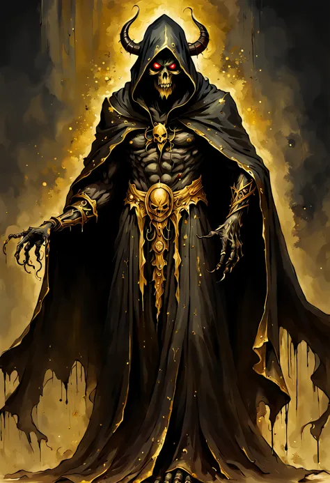 painting of dark ghost demon covered in gold, cloak, old and worn, simple background, masterpiece, detailed, high quality,