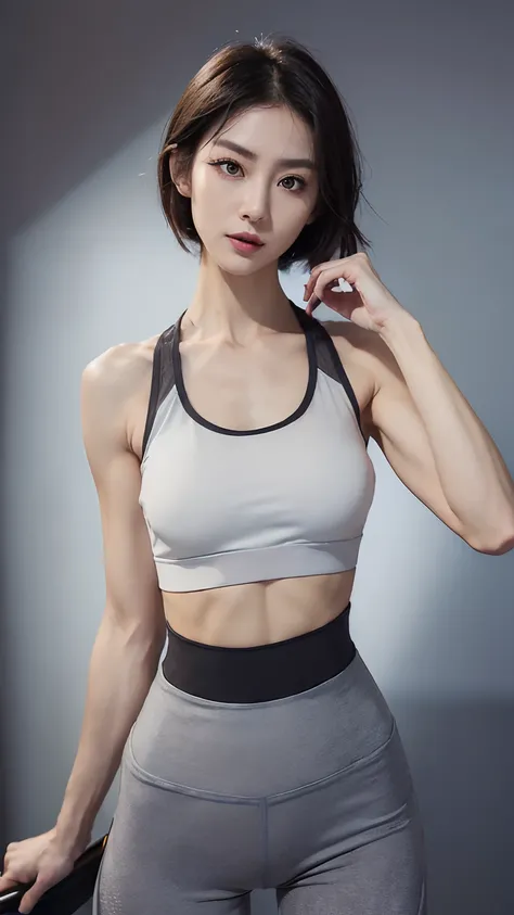 (a Japanese woman),(slender body:1.1),(muscular body),(broad-shouldered:1.5),(toned_shoulders:1.8),(toned_arms:1.8),(six_pack abs:1.8),(narrow_waist:1.8),small breasts,(big_eyes:1.3),slim_eyebrows,slender_nose, (heavy_eyeshadow:1.8),vivid_red_lipstick,shor...